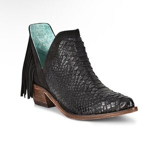 Corral Boots Women's Python Print Fringe Leather Bootie black 8